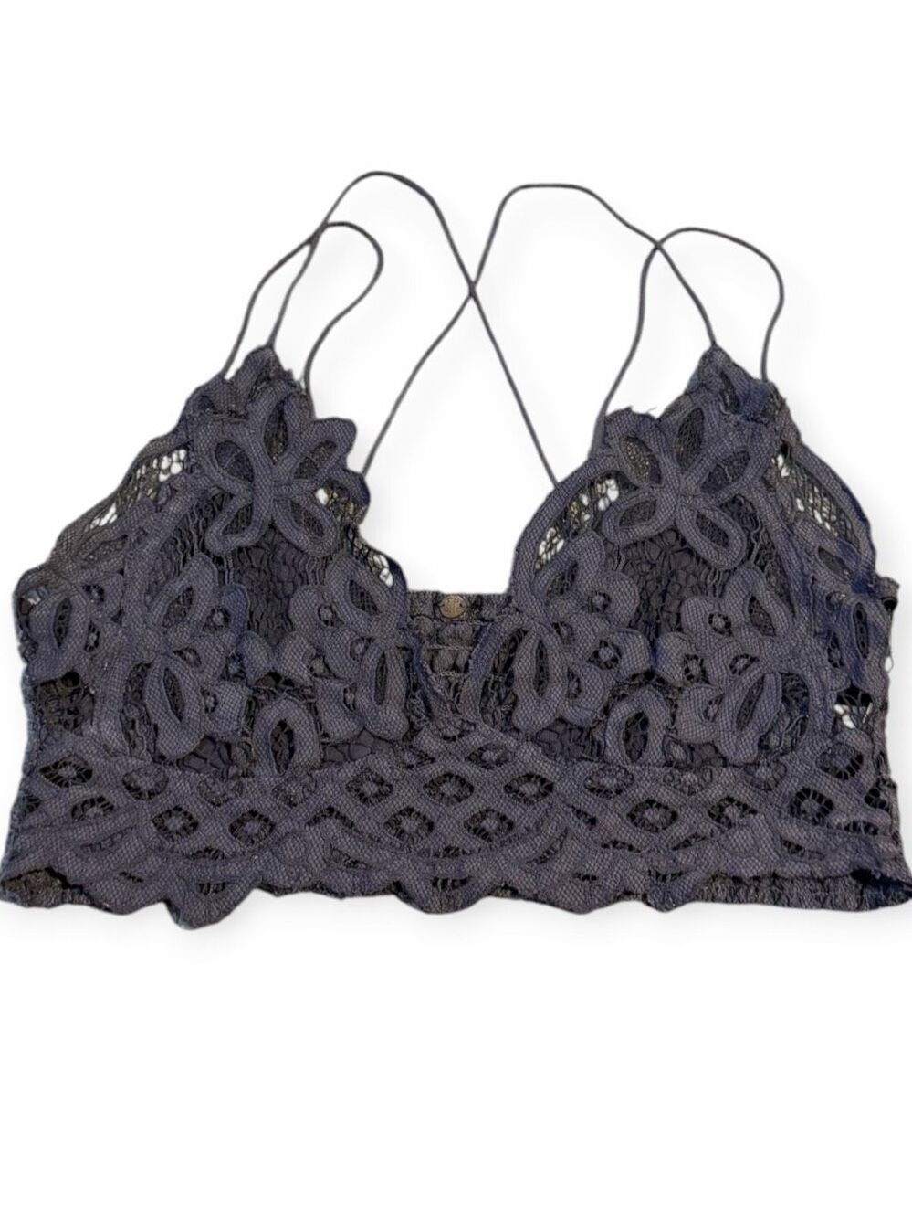 FREE PEOPLE Adella Black Gray Floral Crochet Lace Strappy Bralette Size Medium